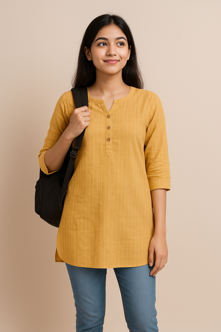 ''women wearing mustard yellow kurti with blue jeans and black handbag, standing against a plain background''