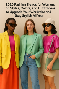 Women wearing trendy 2025 outfits including vibrant colors, oversized blazers, and eco-friendly fabrics