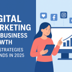 “Digital marketing strategies for business growth in 2025 with SEO, social media, paid ads, and AI trends illustration.”