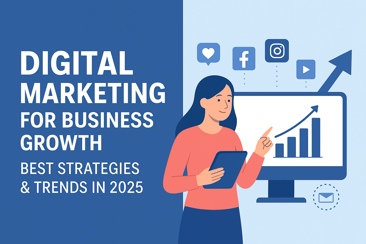 “Digital marketing strategies for business growth in 2025 with SEO, social media, paid ads, and AI trends illustration.”